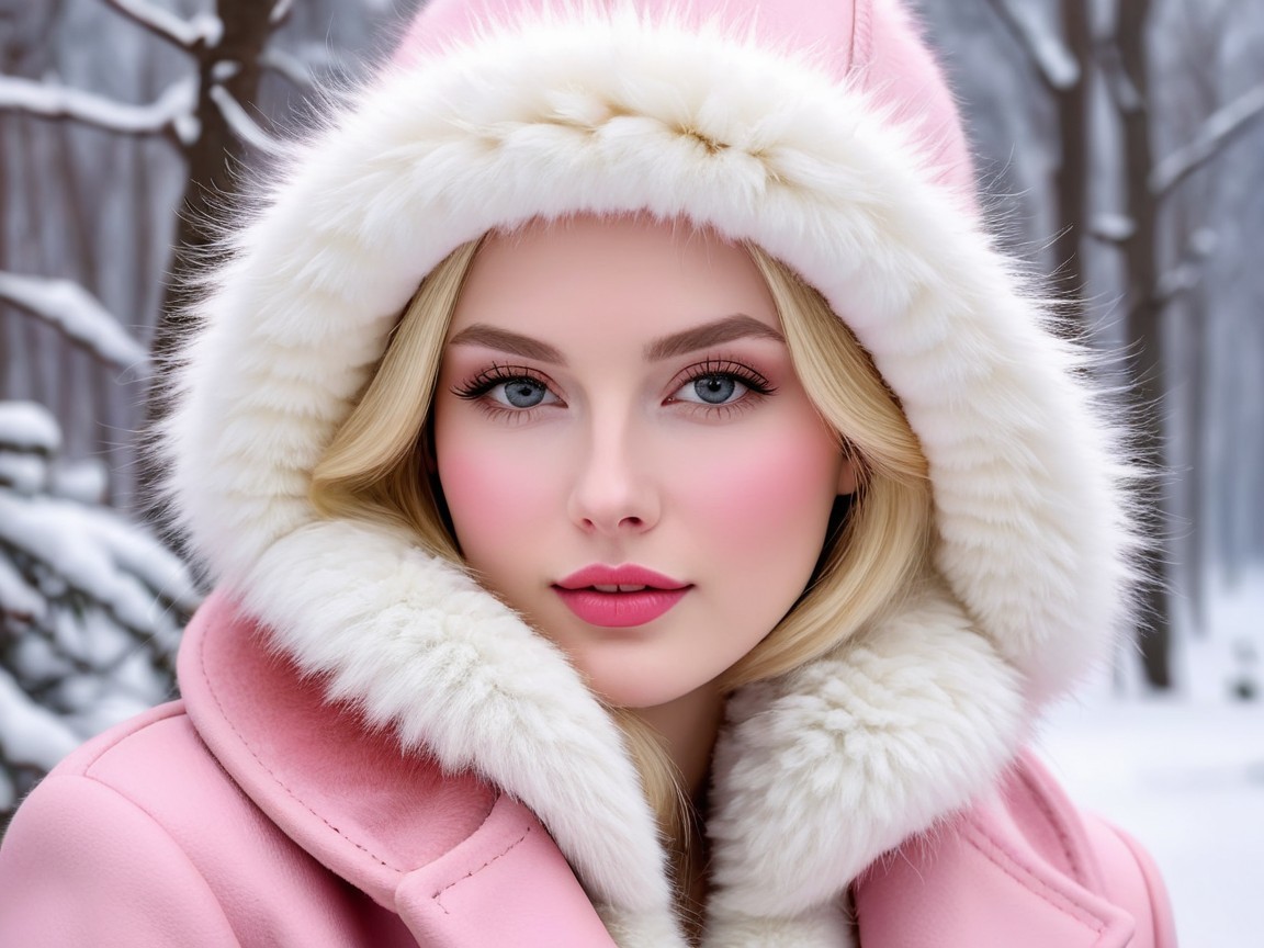 Young woman in pink coat in snowy forest setting