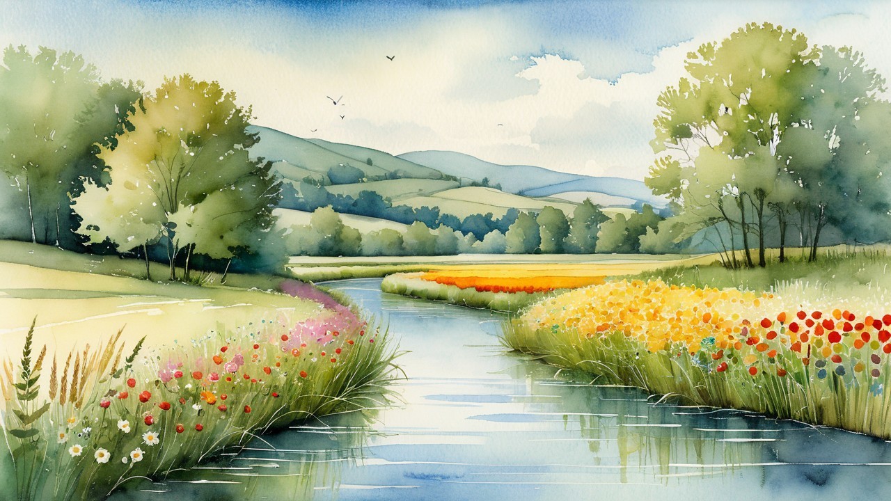 Serene Landscape with River and Vibrant Wildflowers