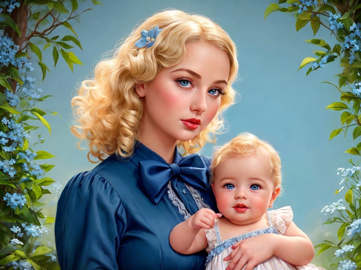 Young woman with baby in a floral, serene setting