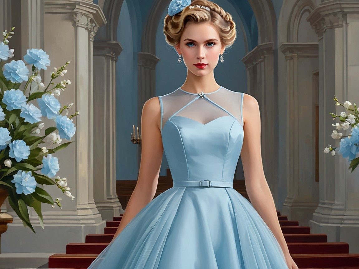 Elegant Woman in Pale Blue Gown with Floral Decor