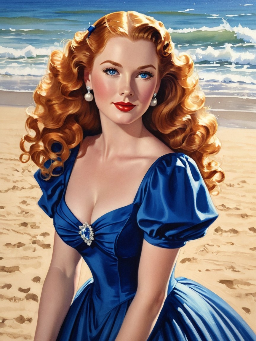 Vibrant Red-Haired Woman in Glamorous Beach Setting