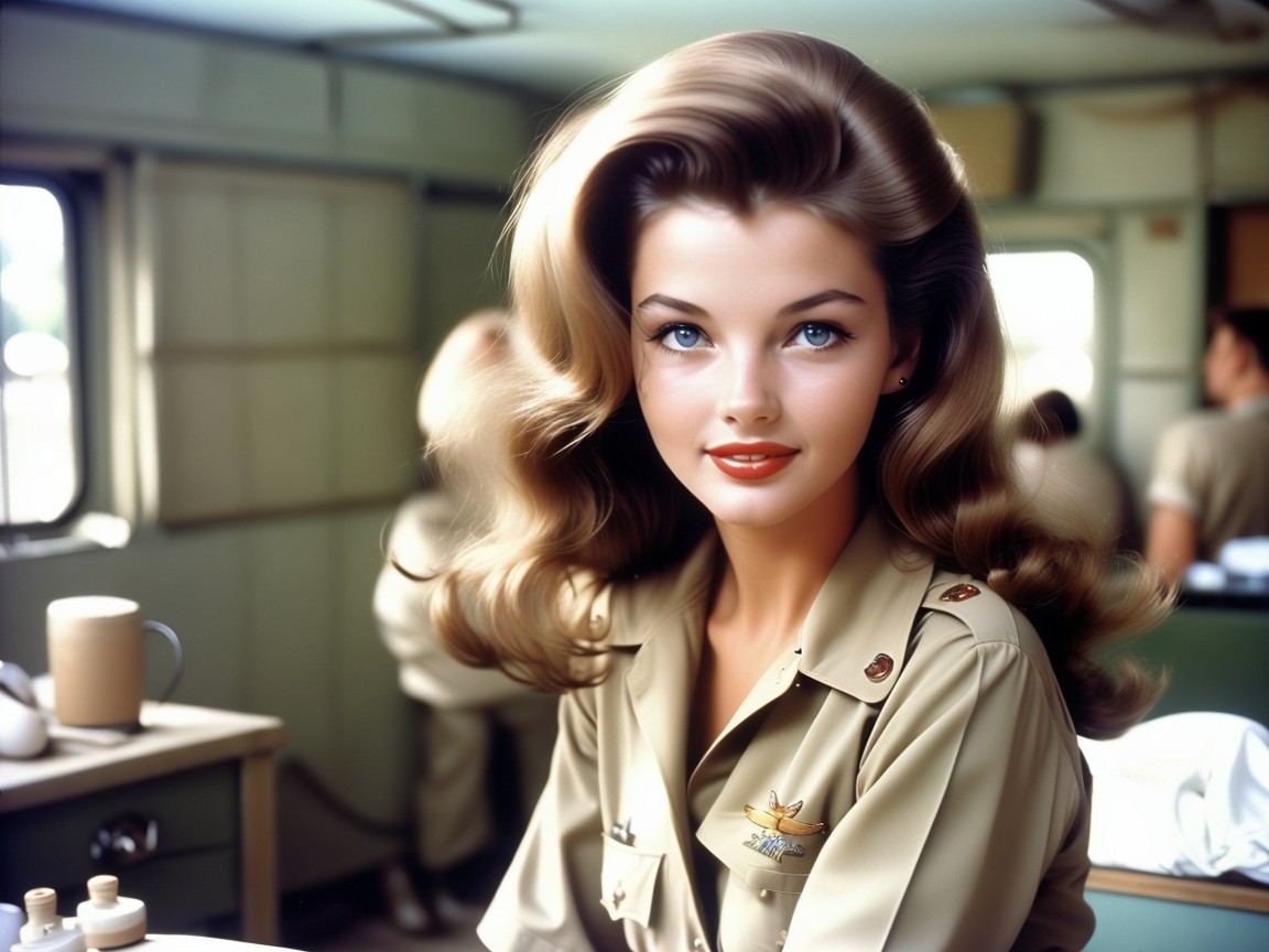 Young Woman in Military-Inspired Outfit with Styled Hair
