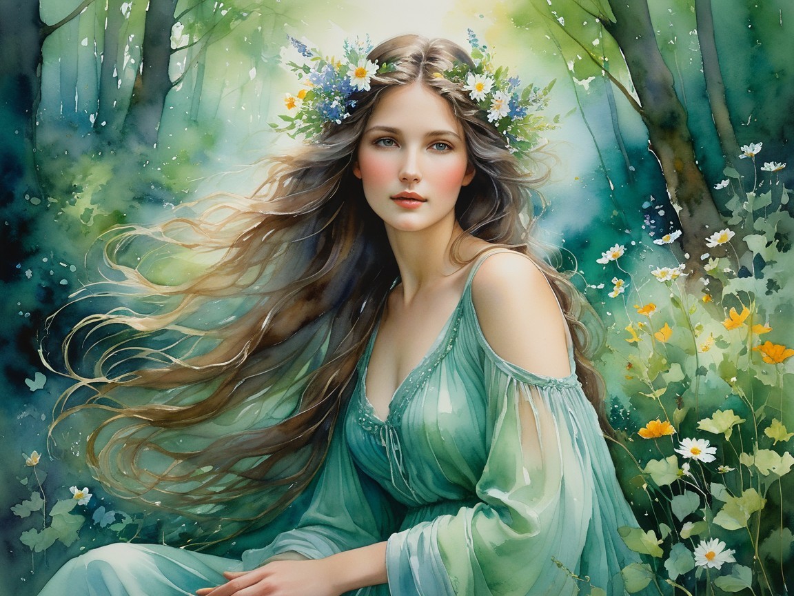 Serene Woman in Floral Crown Surrounded by Nature