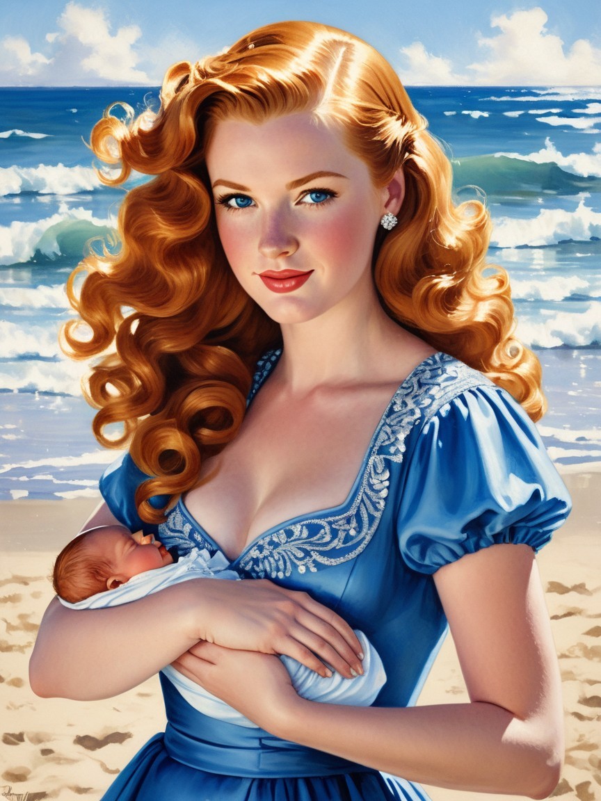 Woman in blue gown holding baby by the beach