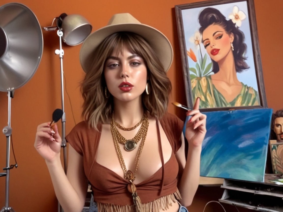 Young Woman in Artist's Studio with Vibrant Portrait