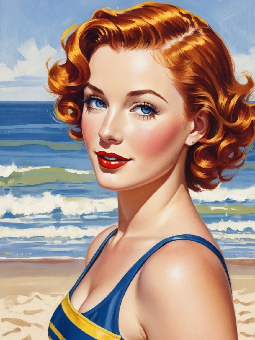 Glamorous Woman in Vintage Swimsuit at Beach