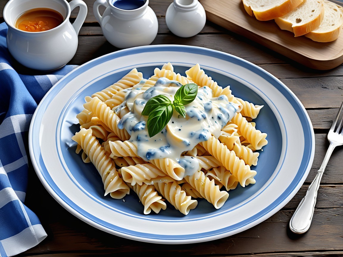 Spiral Pasta with Creamy Sauce and Fresh Basil Decor