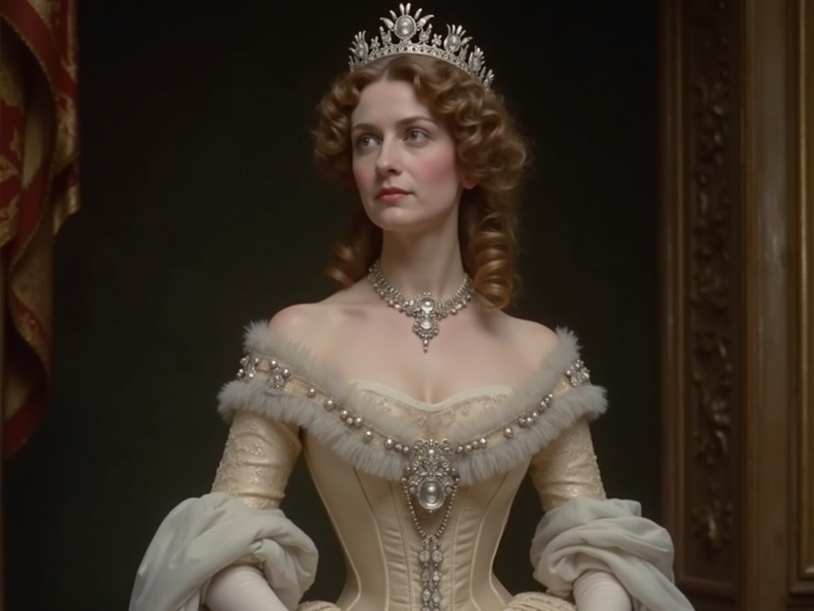 Regal Woman in Elegant Cream Gown and Tiara