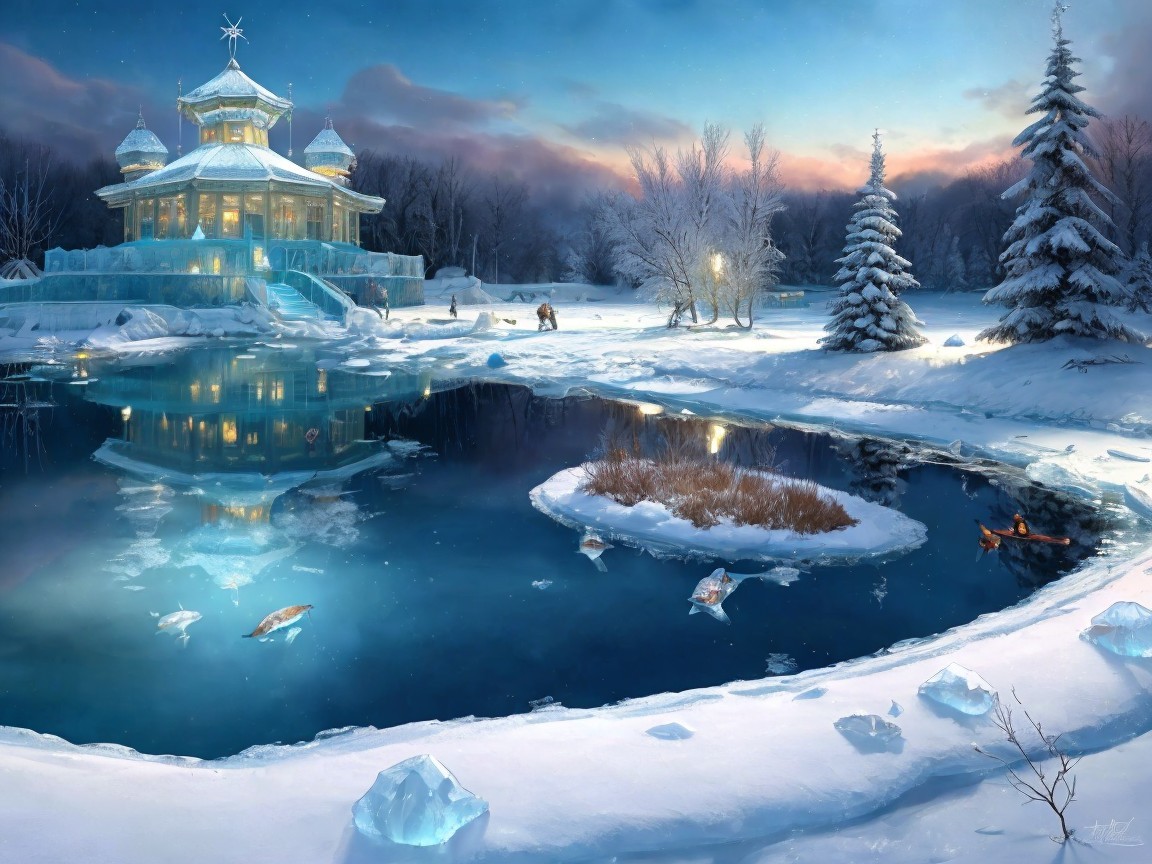 Winter Scene with Ice Palace and Tranquil Pond