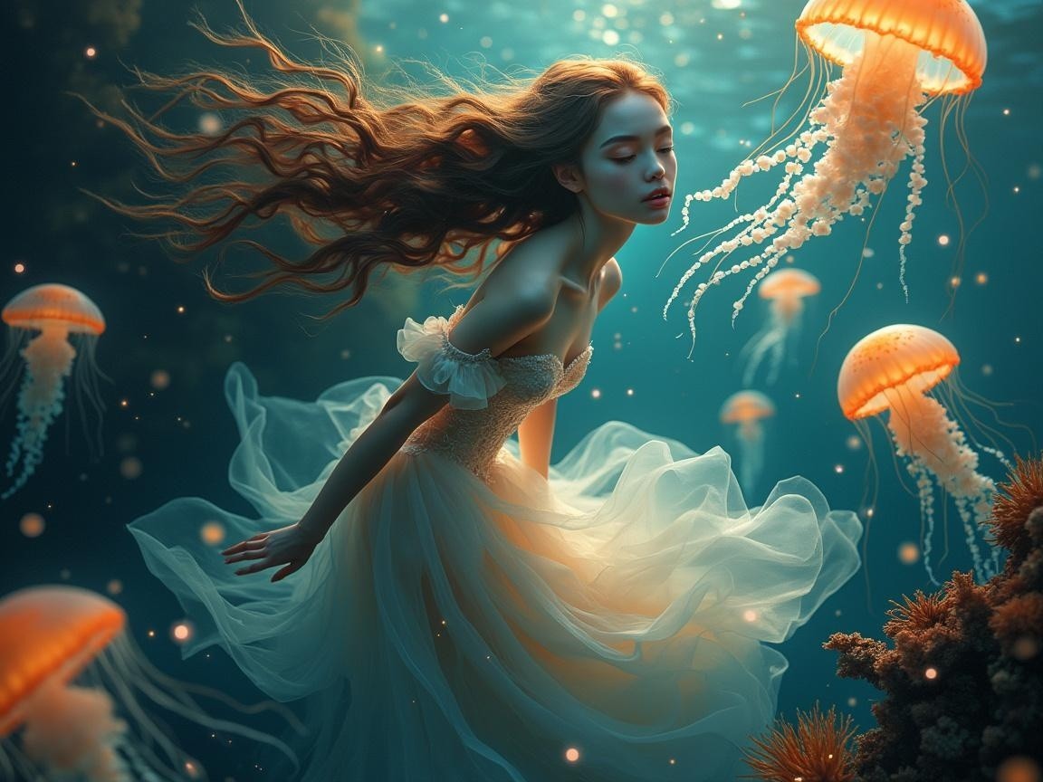 Underwater Scene with Woman and Glowing Jellyfish