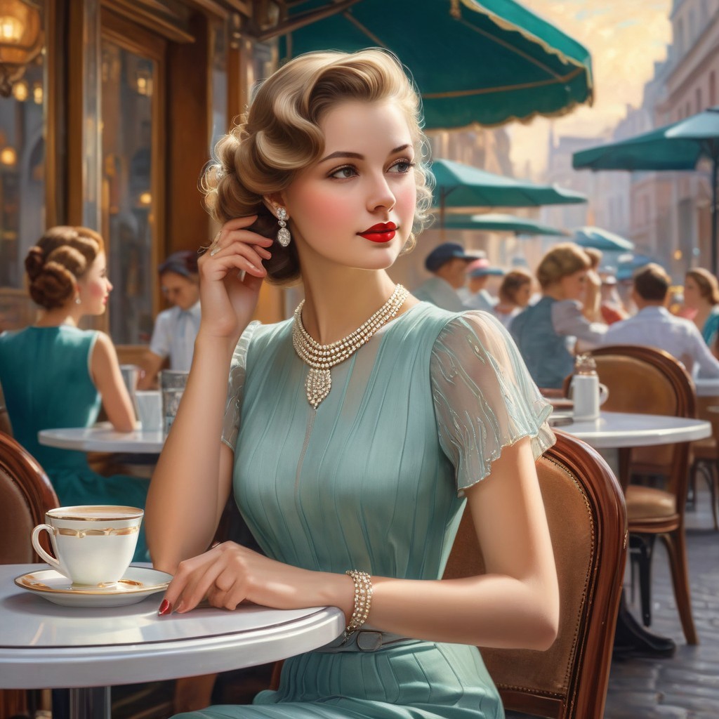 Stylish Woman in Vintage Dress at Café Setting