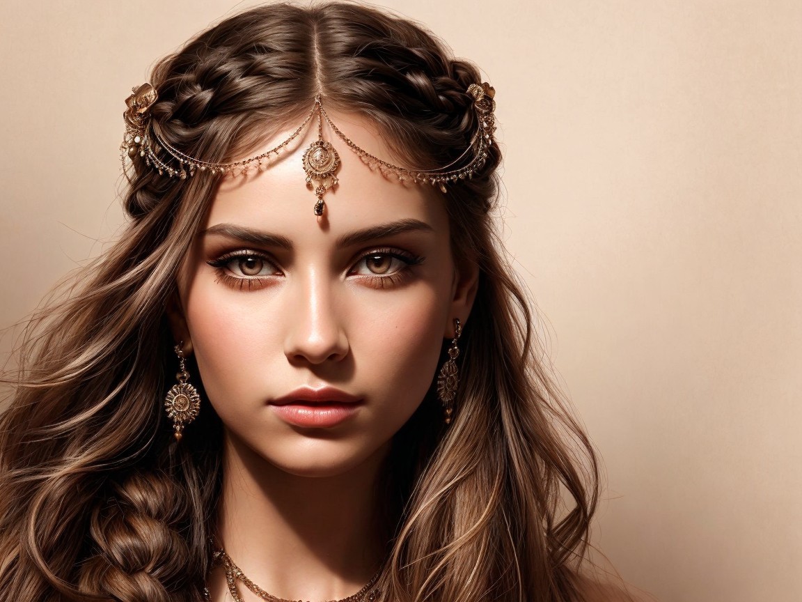 Close-up Portrait of a Young Woman with Braids and Jewelry