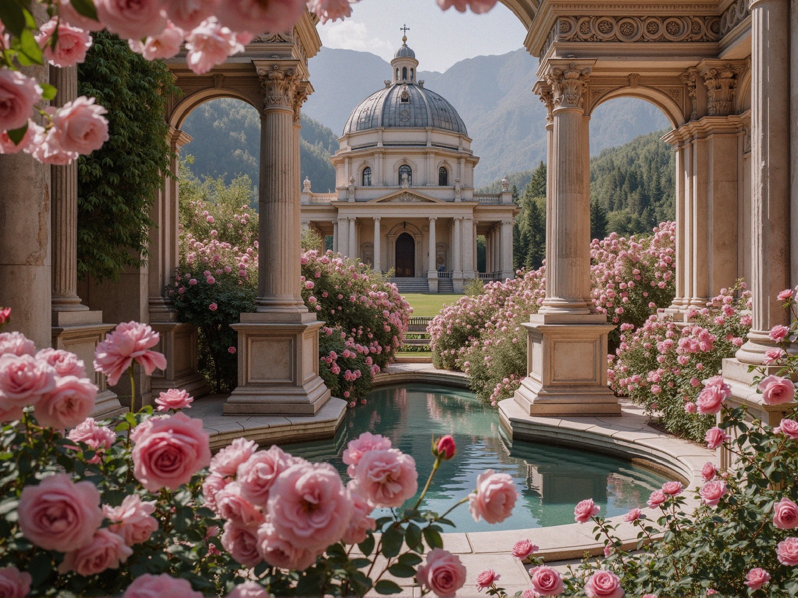 Garden Scene with Pink Roses and Grand Architecture