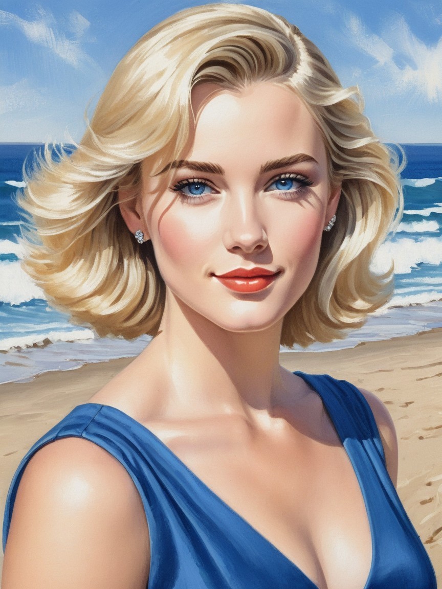 Portrait of a Woman with Blonde Hair and Blue Dress
