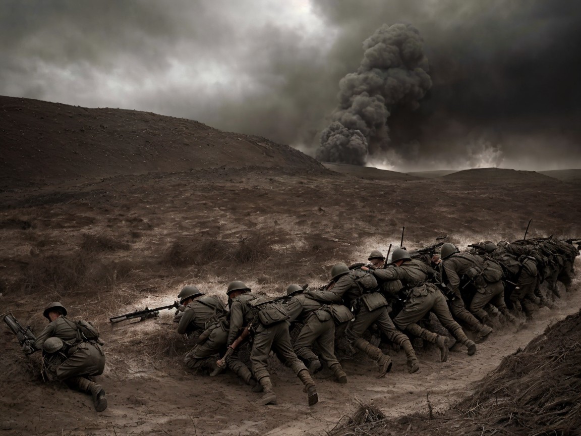Soldiers Crawling Through a Barren War Landscape