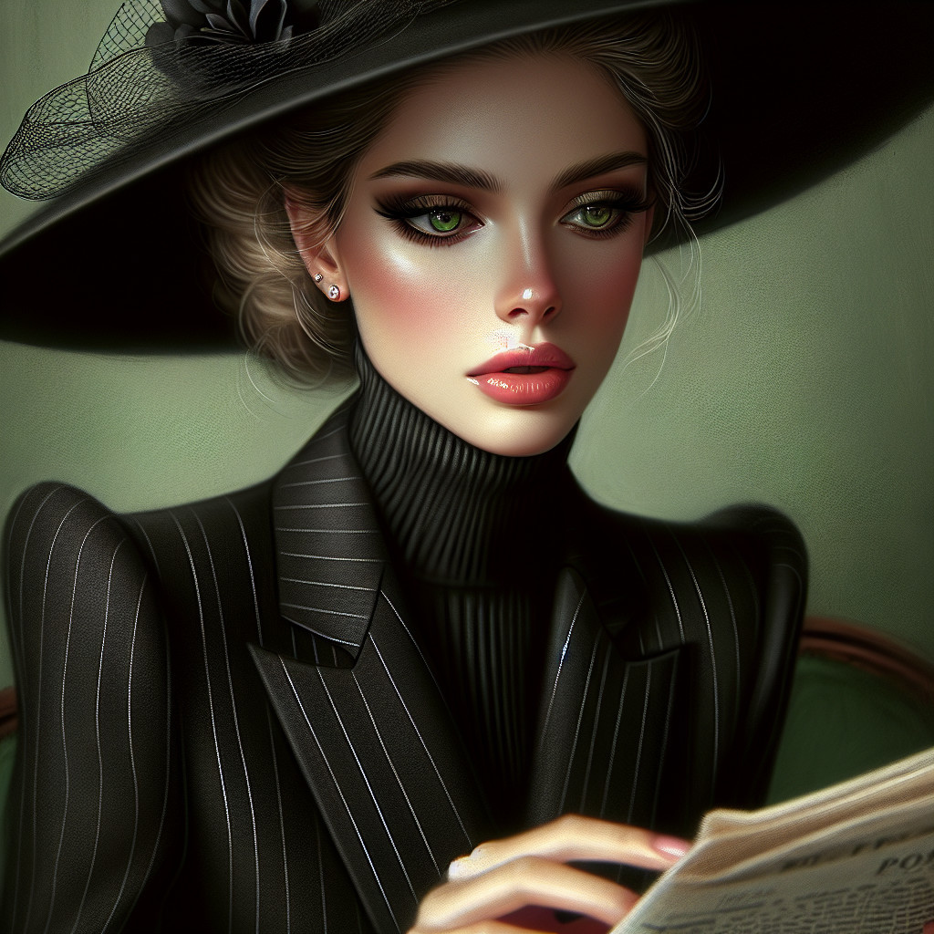 Stylish Woman in Black Hat Reading Newspaper