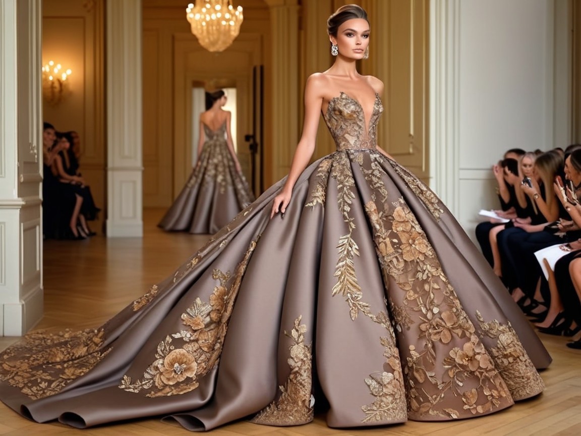 Exquisite gown with floral embroidery in elegant salon