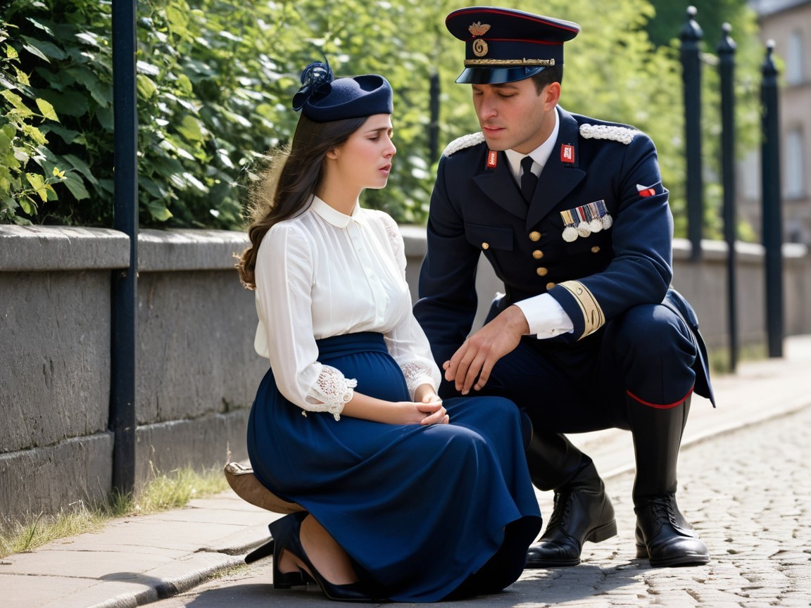 Officer Assisting Woman in Vintage Dress on Cobblestone Path