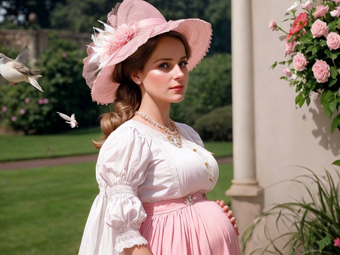 Pregnant Woman in Pink Gown in Lush Garden Setting