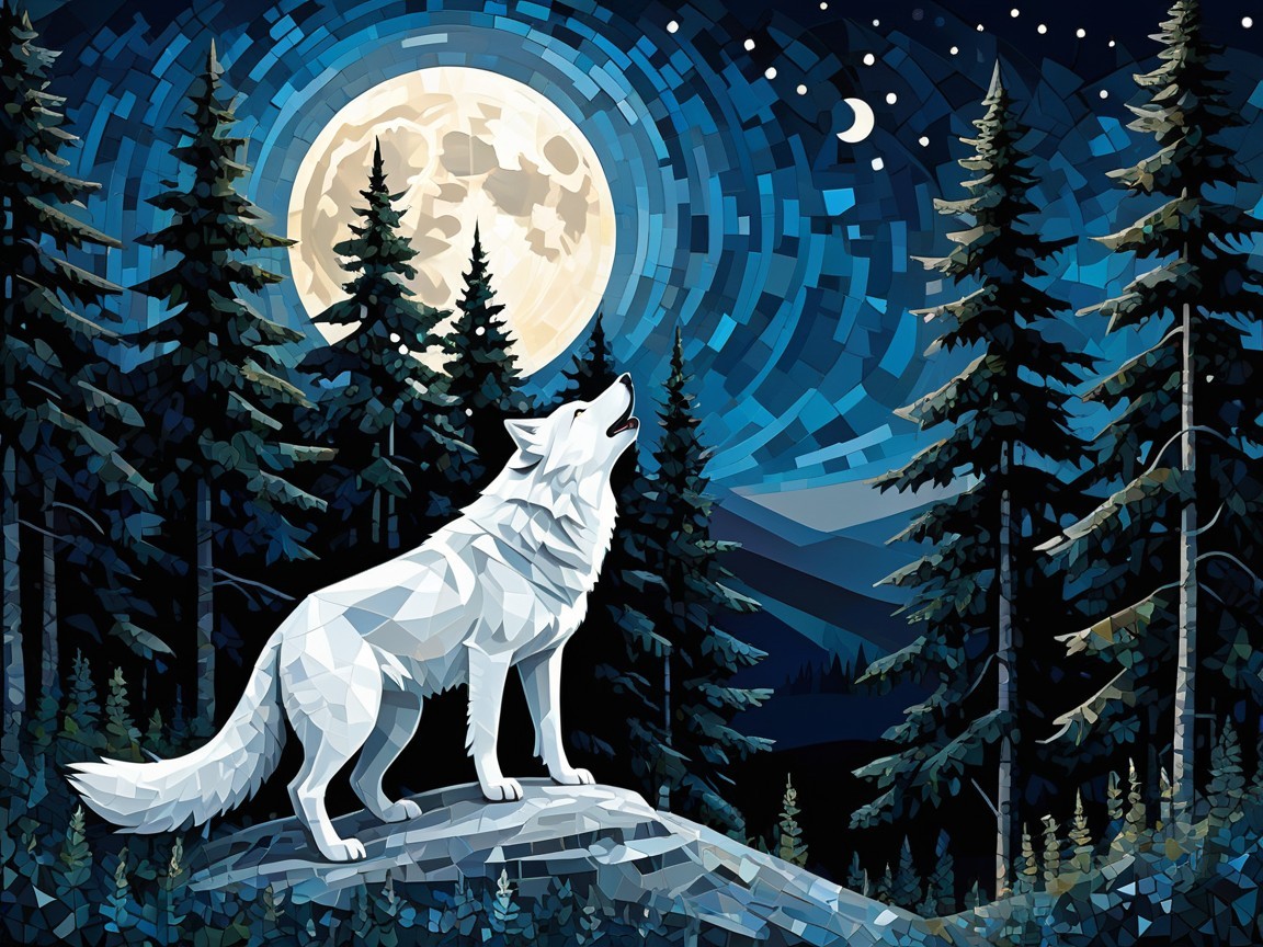 White Wolf Howling Under Full Moon in Geometric Style