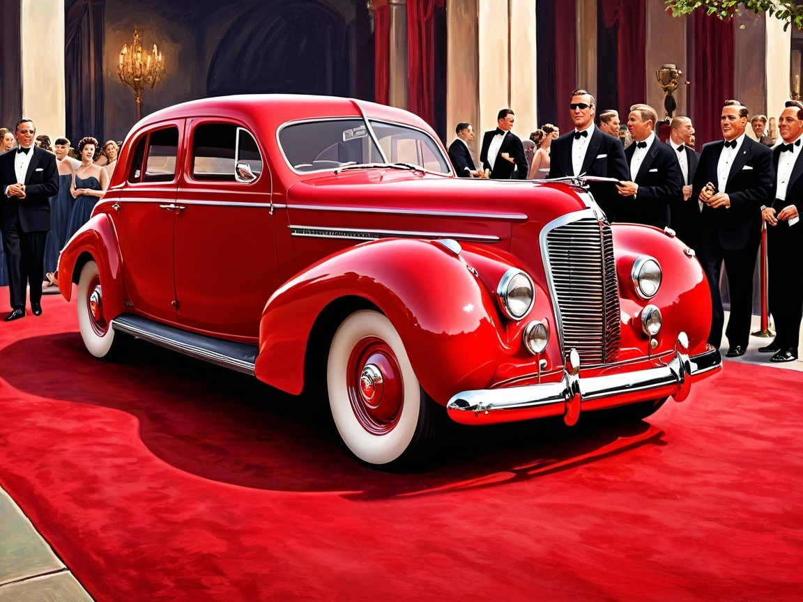 Vintage Red Sedan on Red Carpet with Elegant Attire