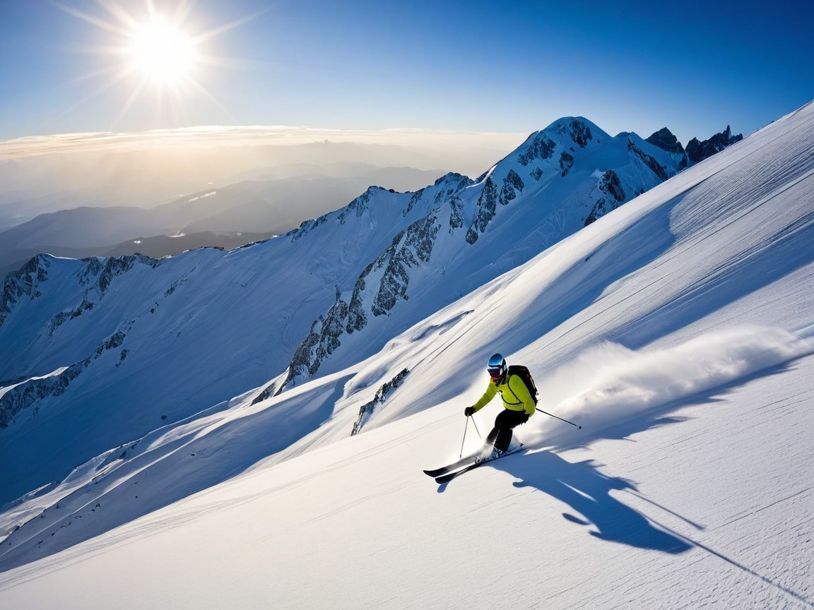 Skiing in a Sunlit Winter Landscape with Mountains