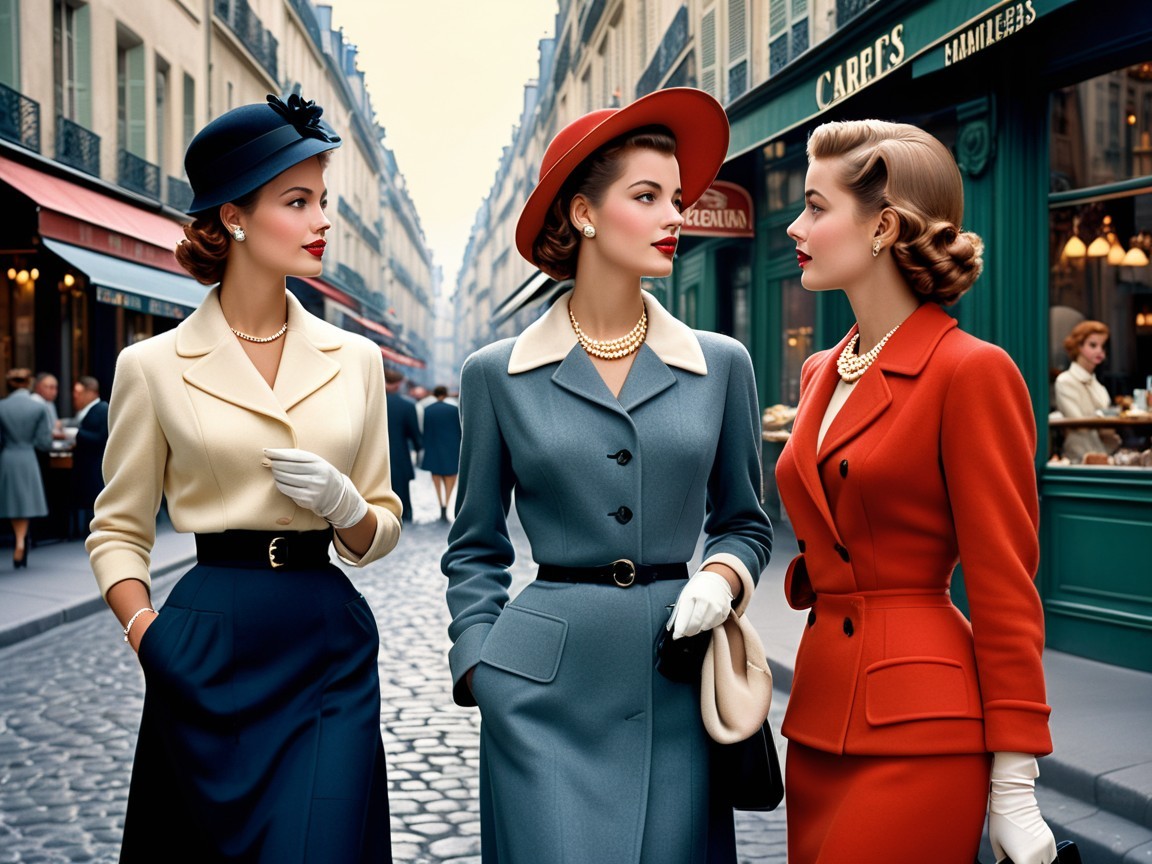 Elegant Vintage Fashion on a Parisian Cobblestone Street