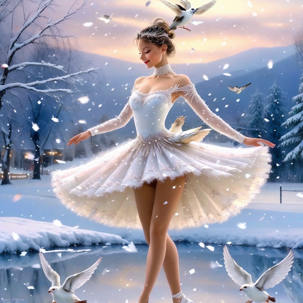 Ballerina Dances in Winter Landscape with Swans