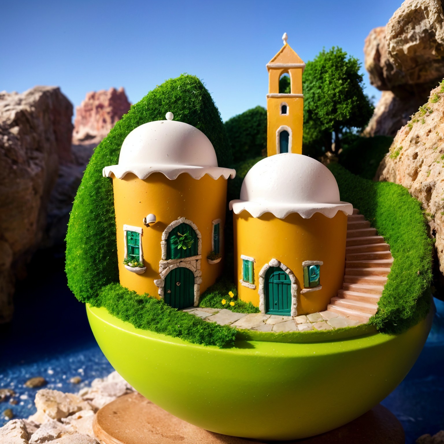 Miniature Scene of Yellow Houses on Grassy Hilltop