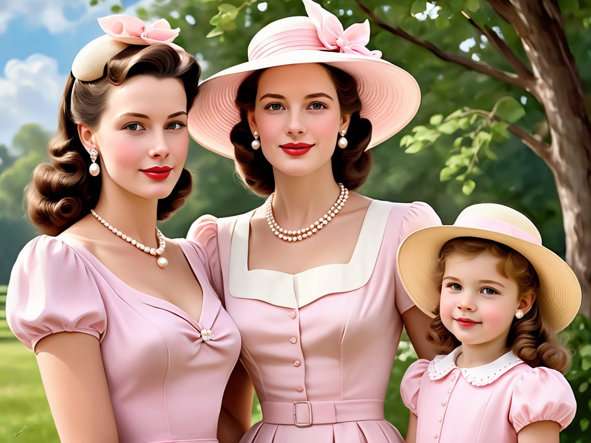 Three Women in Pink Outfits with Vintage Hairstyles