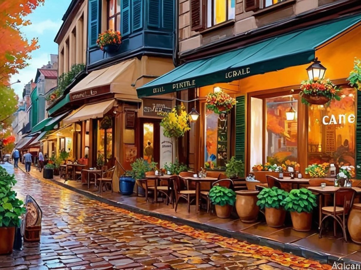 Charming European Street Scene with Cafes and Foliage