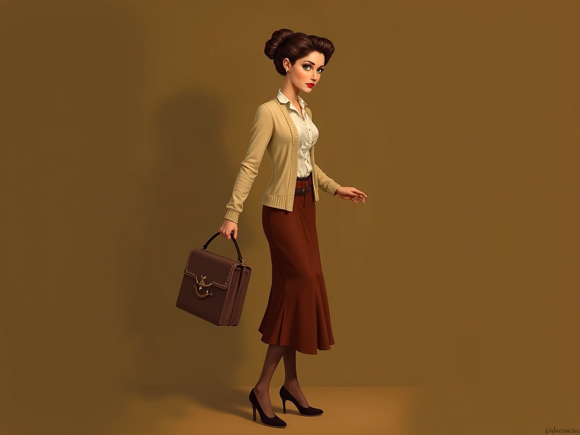 Elegant Woman in Cream Cardigan and Brown Skirt