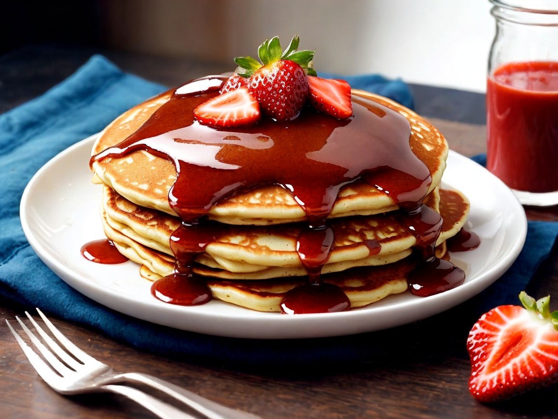 Fluffy pancakes with strawberries and syrup on a plate