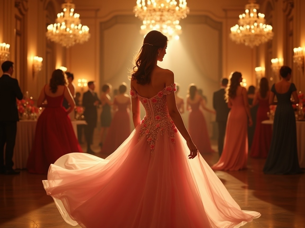 Elegant Ballroom Scene with Woman in Pink Gown