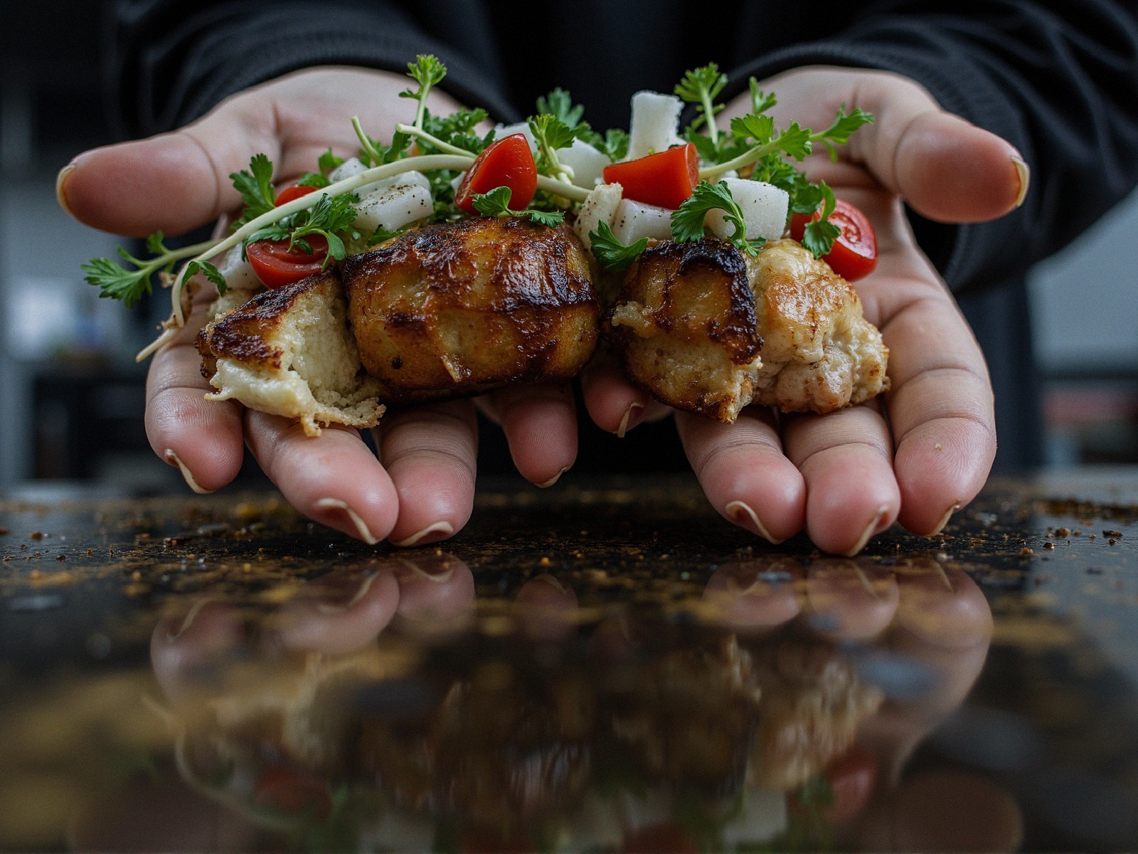 Grilled meat skewers with vibrant garnishes displayed
