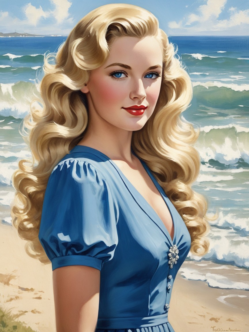 Glamorous Woman in Blue Dress by the Beach
