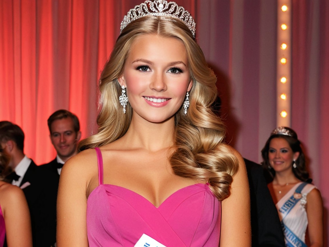 Young woman in pink gown with tiara at formal event