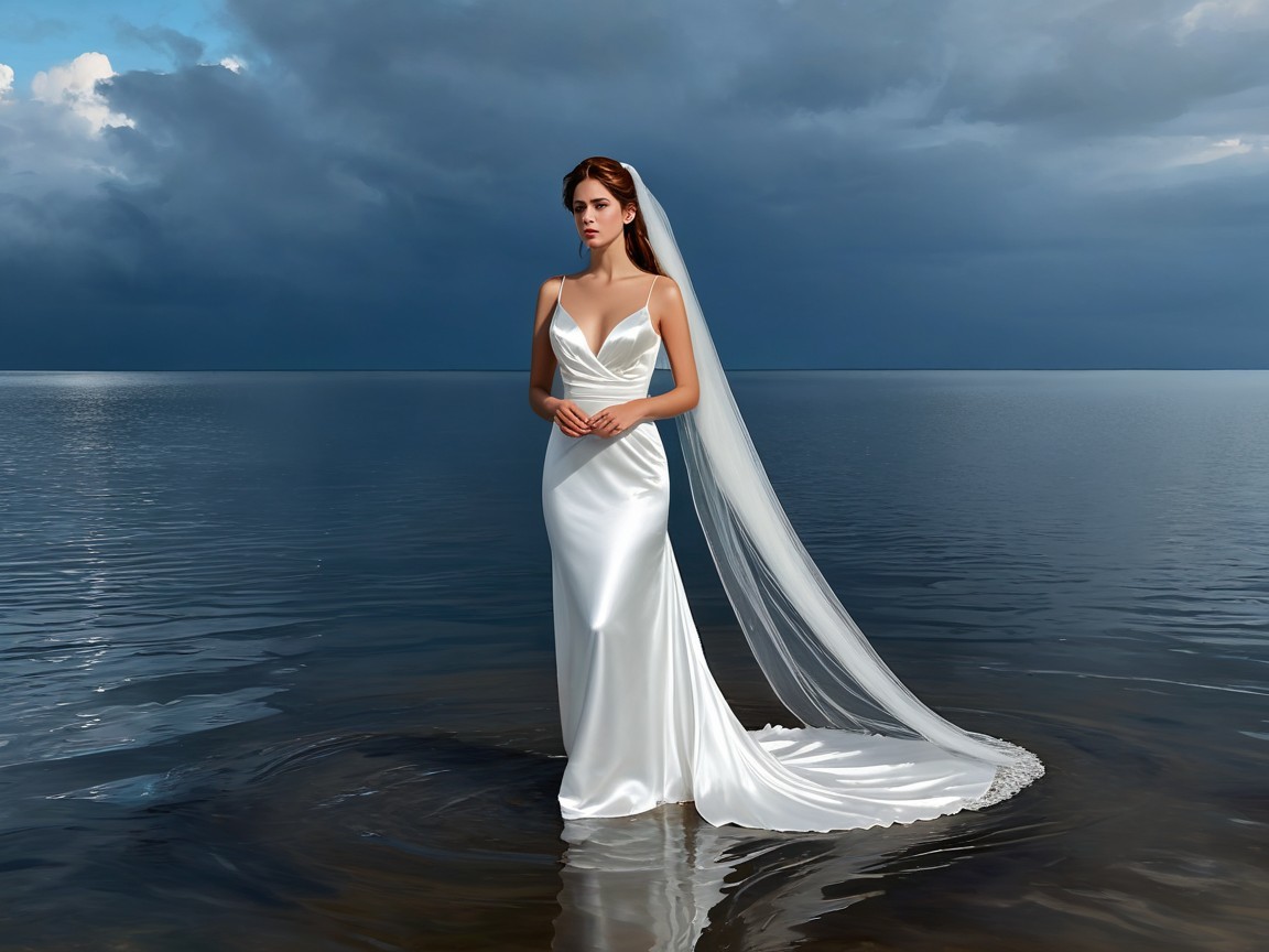 Bride in White Gown in Serene Water Setting