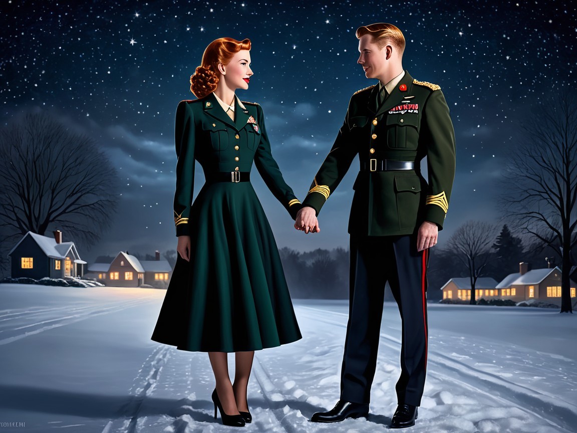 Vintage Military Couple in Snowy Winter Scene