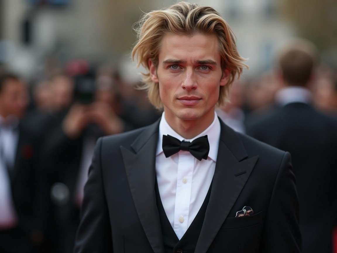 Young Man in Black Tuxedo at Glamorous Event