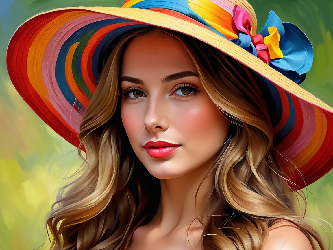 Woman in Colorful Sun Hat Against Vibrant Background