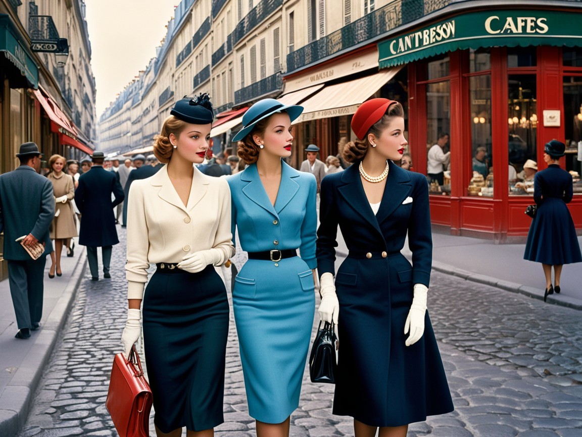 Elegant Women in Vintage 1950s Fashion in Paris
