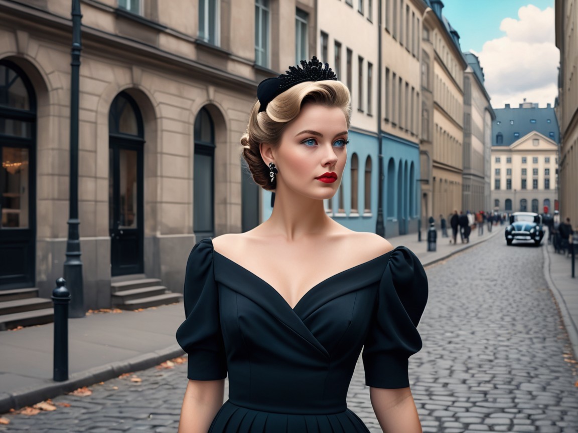 Vintage Elegance of a Woman in Black Evening Gown