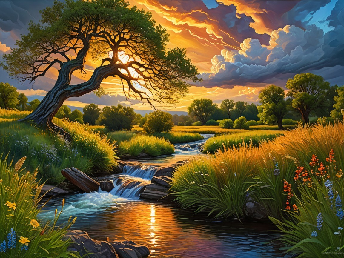 Serene Landscape with Stream and Vibrant Sunset