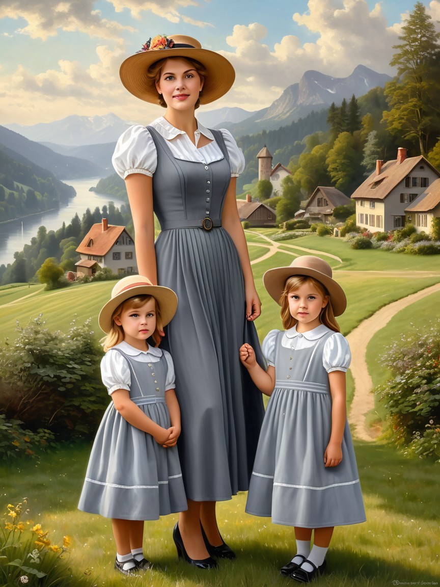 Serene Countryside Scene with Women and Girls in Dresses