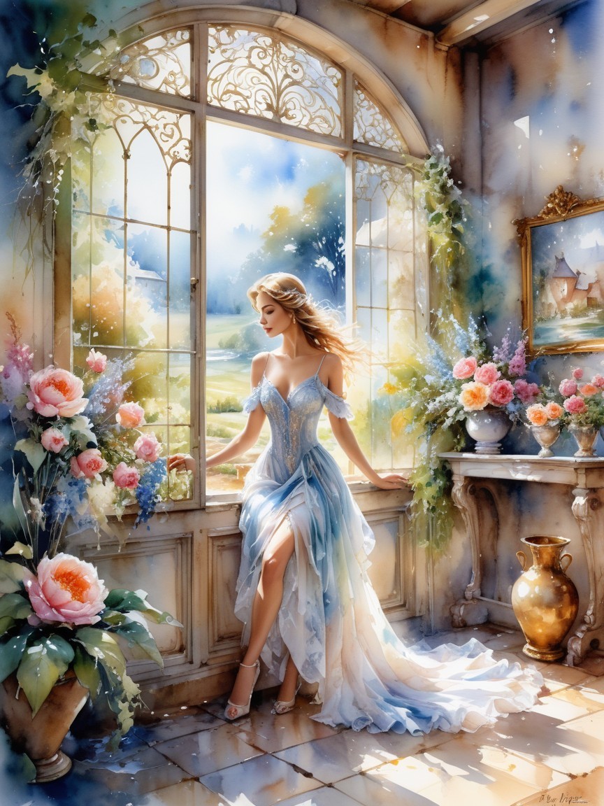 Elegant Woman by Sunlit Window with Flowers