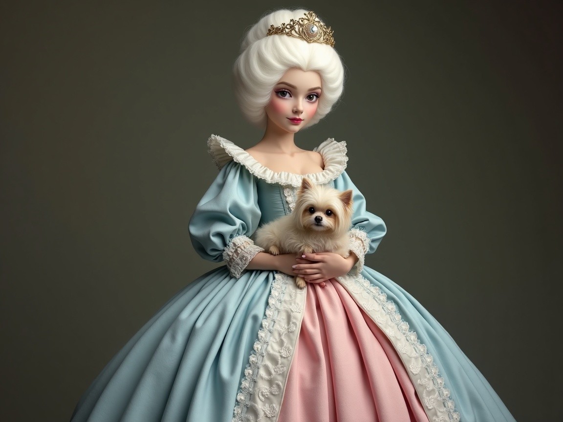 Elegant Doll in Pastel Gown with Fluffy Dog