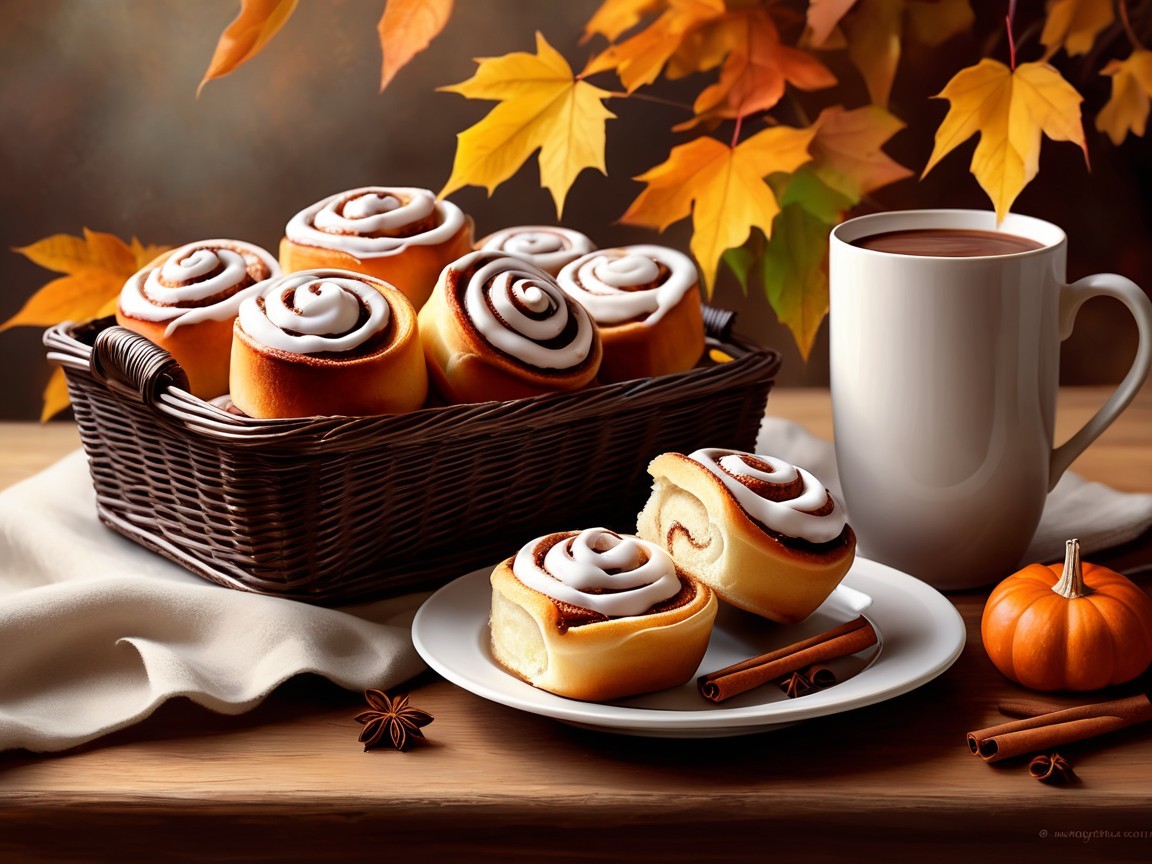 Cozy Autumn Scene with Cinnamon Rolls and Coffee