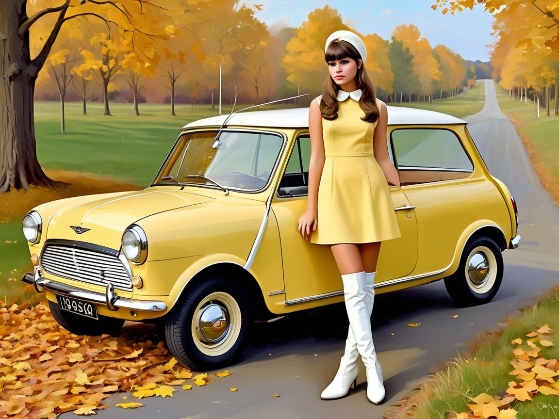 Young woman in yellow dress by classic Mini Cooper