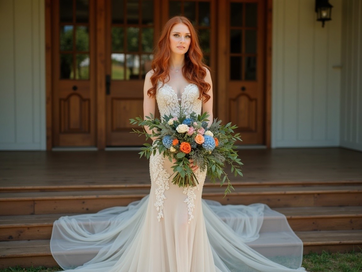 Elegant Bride on Wooden Steps with Vibrant Bouquet